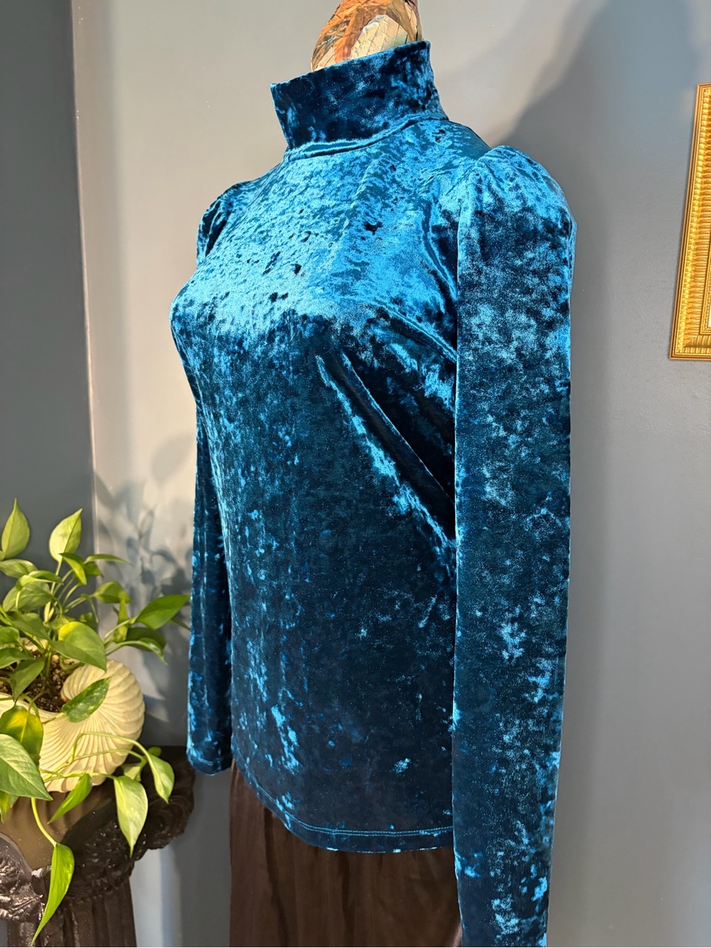 Ryegrass celestial teal turquoise blue mock turtleneck crouched velvet long slee